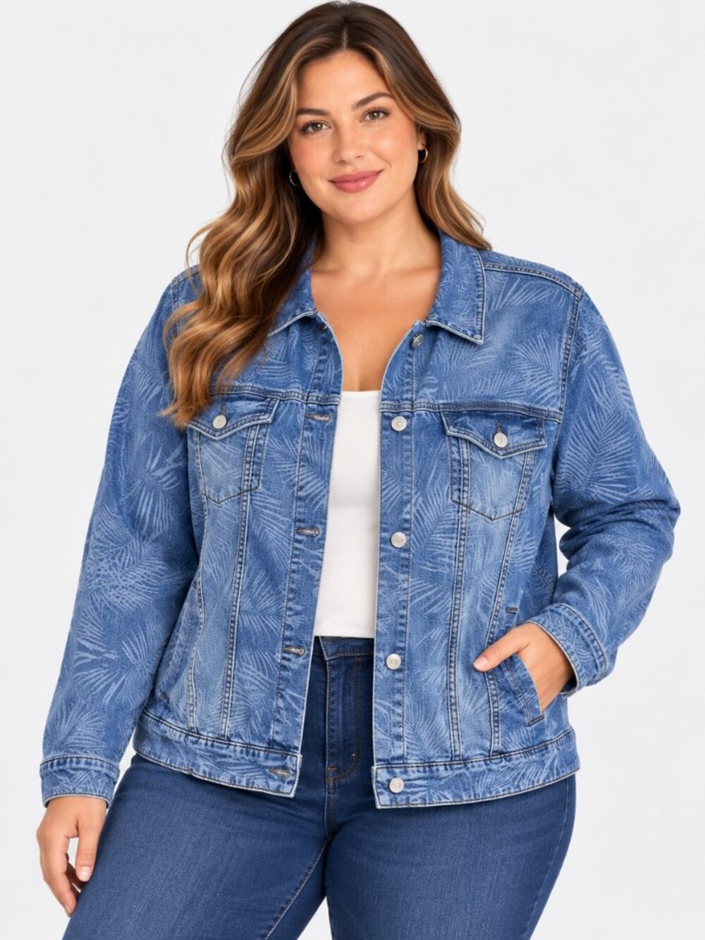 LuLaRoe Women’s 3X Blue Denim Jacket Palm Leaf Print Button Front Utility Pocket